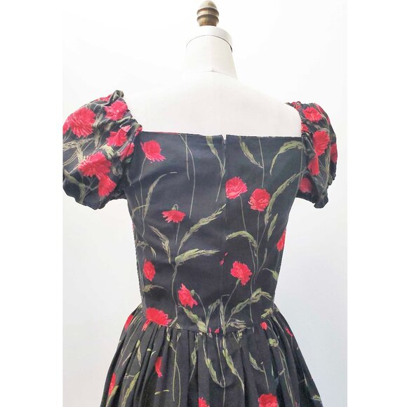 Vintage 1950s Womens Fit & Flare Red FLoral Black Cotton Pinup Party Dress - Picture 7 of 10